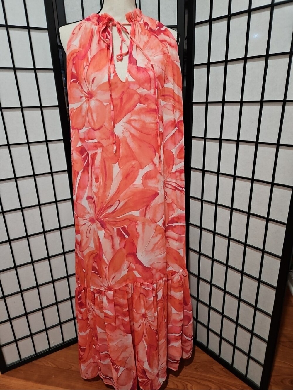 H&M Size Large Orange And Pink Chiffon Floral  High Neck Sleeveless Dress